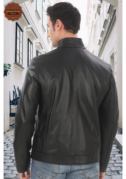 Erkek Dik Yaka Hakiki Kuzu Derisi Ceket Siyah Fermuarlı Şık Deri Mont Günlük ve Iş Kullanım modelleri