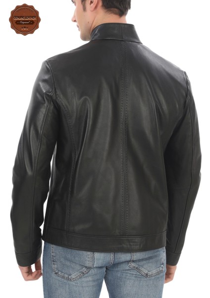 Erkek Dik Yaka Hakiki Kuzu Derisi Ceket Siyah Fermuarlı Şık Deri Mont Günlük ve Iş Kullanım indirimleri