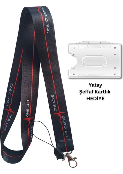 One Life One Chance Siyah Kalp Ritmi Kart Askısı Yaka Kartı Boyun Askı Ipi Telefon Askısı