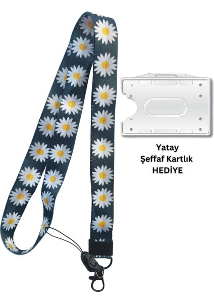 Siyah Papatya Kart Askısı Yaka Kartı Boyun Askı Ipi Telefon Askısı