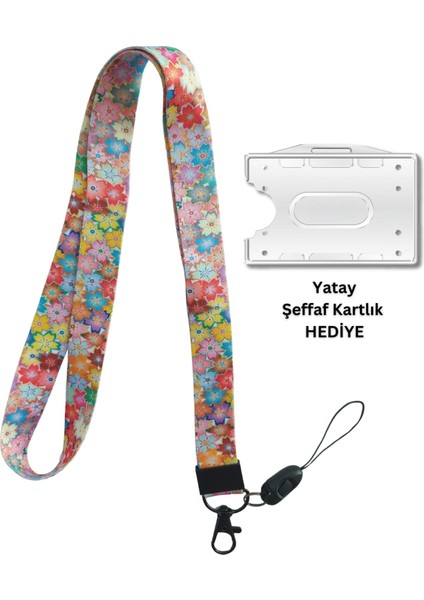 Renkli Çiçekler Kart Askısı Yaka Kartı Boyun Askı Ipi Telefon Askısı