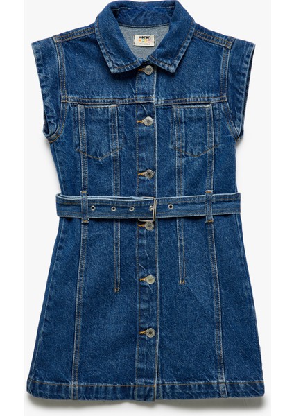 Pamuklu Kemer Detaylı Düğmeli Cepli Denim Elbise