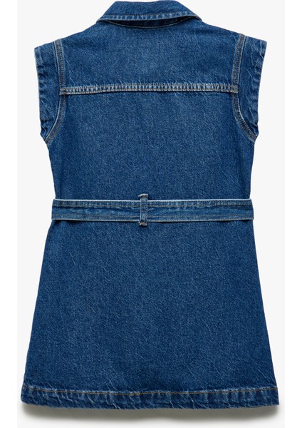 Pamuklu Kemer Detaylı Düğmeli Cepli Denim Elbise