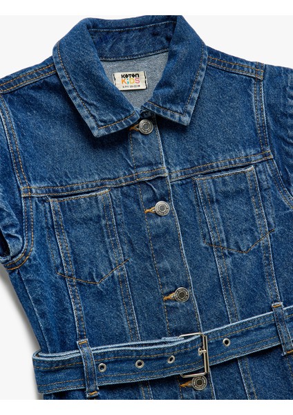 Pamuklu Kemer Detaylı Düğmeli Cepli Denim Elbise
