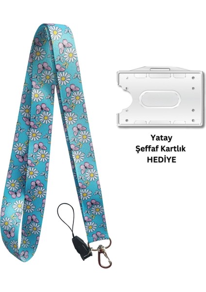Mavi Zemin Papatya Kelebek Siyah Kart Askısı Yaka Kartı Boyun Askı Ipi Telefon Askısı