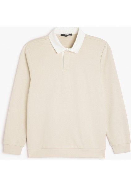 Uzun Kollu Pamuk Karışımlı Renk Kontrastlı Polo Yaka Sweatshirt