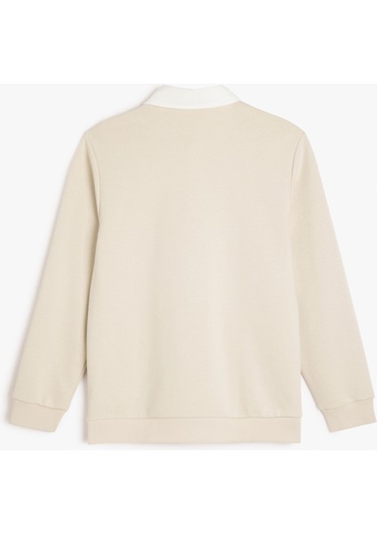 Uzun Kollu Pamuk Karışımlı Renk Kontrastlı Polo Yaka Sweatshirt