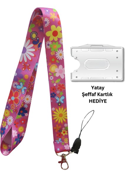 Kır Çiçekleri Pembe Kart Askısı Yaka Kartı Boyun Askı Ipi Telefon Askısı Yatay Dikey Kart Koruyucu
