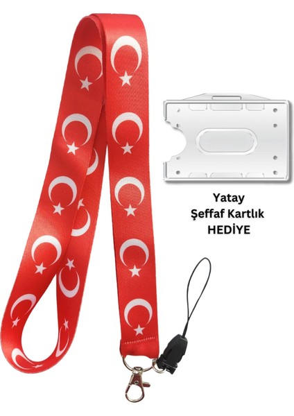 Türk Bayrağı Geniş Kart Askısı Yaka Kartı Boyun Askı Ipi Telefon Askısı Yatay Dikey Kart Koruyucu