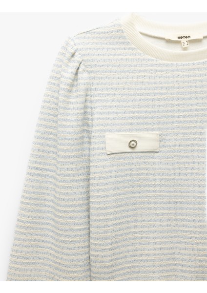 Uzun Balon Kol Aplike Detaylı Bisiklet Yaka Çizgili Sweatshirt