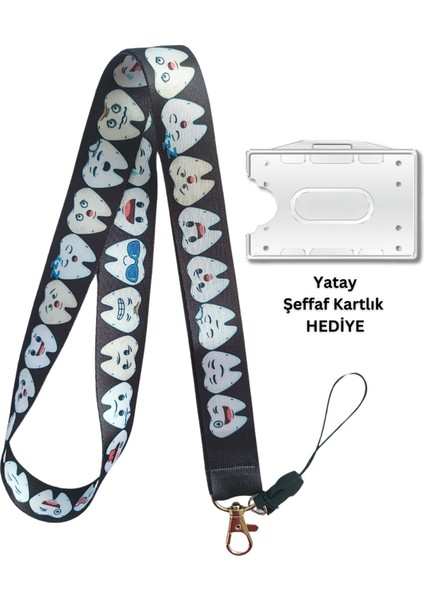 Sevimli Dişler Kart Askısı Yaka Kartı Boyun Askı İpi Telefon Askısı Yatay Dikey Kart Koruyucu