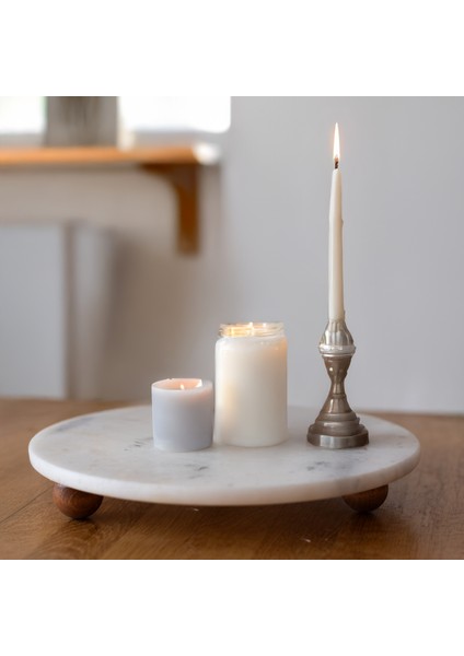 Mermer Beyaz 28 cm Ahşap Boncuk Ayaklı Sunumluk - Kahve ve Tatlı Sunumu - Yağ Standı