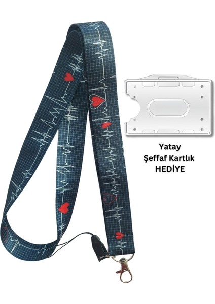 Lacivert Ekg Kalp Ritmi Kart Askısı Yaka Kartı Boyun Askı Ipi Telefon Askısı Yatay Dikey Kart Koruyucu