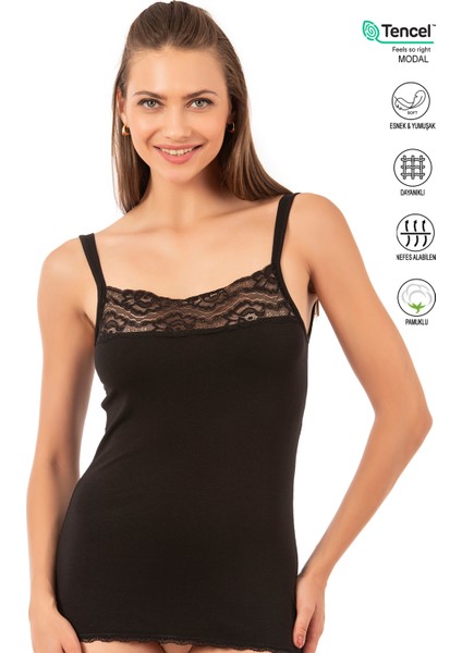 23422 Modal Dantel Yaka İp Askılı Atlet Siyah M Kadın