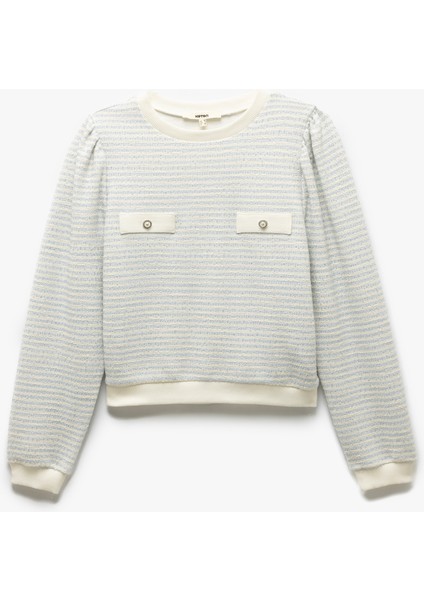 Uzun Balon Kol Aplike Detaylı Bisiklet Yaka Çizgili Sweatshirt