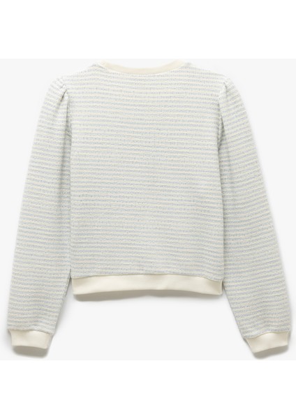 Uzun Balon Kol Aplike Detaylı Bisiklet Yaka Çizgili Sweatshirt fiyatları