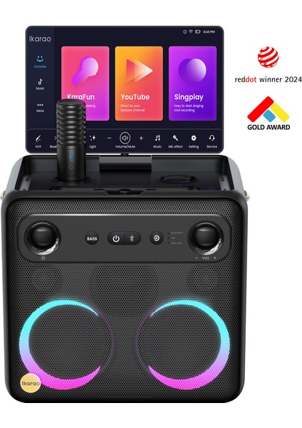 Partybox Break X2 600W Karaoke Bluetooth Hoparlör Seti, 10.1" Dahili Tablet, 2 Kablosuz Gizlenebilir Otomatik Şarjlı Mikrofon, Rgb Işıklı Taşınabilir Ses Bombası Siyah