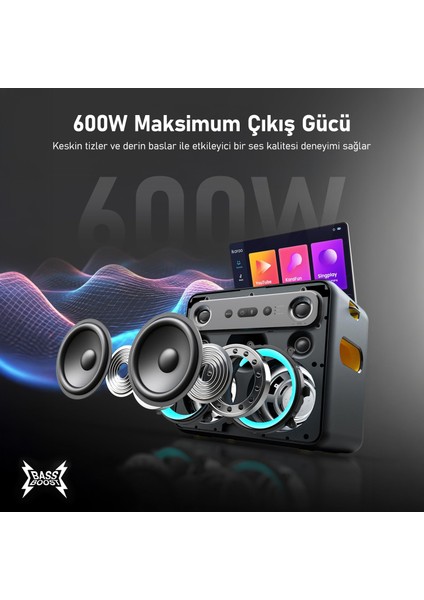 Partybox Break X2 600W Karaoke Bluetooth Hoparlör Seti, 10.1" Dahili Tablet, 2 Kablosuz Gizlenebilir Otomatik Şarjlı Mikrofon, Rgb Işıklı Taşınabilir Ses Bombası Siyah
