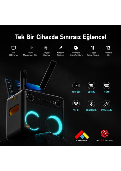 Partybox Break X2 600W Karaoke Bluetooth Hoparlör Seti, 10.1" Dahili Tablet, 2 Kablosuz Gizlenebilir Otomatik Şarjlı Mikrofon, Rgb Işıklı Taşınabilir Ses Bombası Siyah