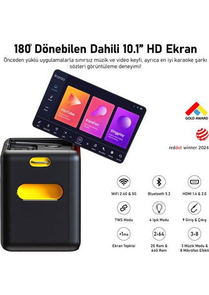Partybox Break X2 600W Karaoke Bluetooth Hoparlör Seti, 10.1" Dahili Tablet, 2 Kablosuz Gizlenebilir Otomatik Şarjlı Mikrofon, Rgb Işıklı Taşınabilir Ses Bombası Siyah