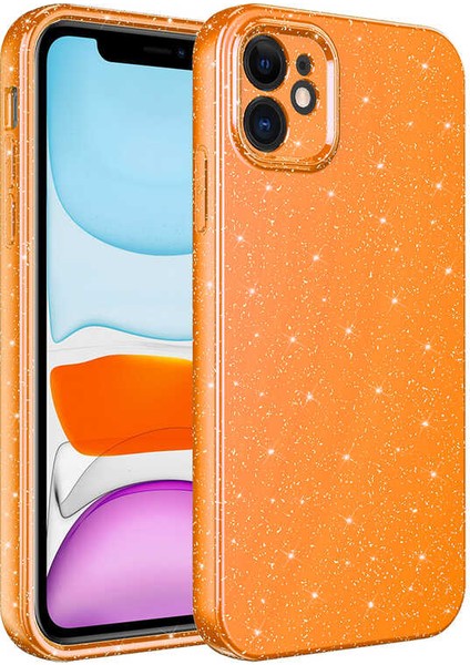 Apple iPhone 12 Uyumlu Kamera Korumalı Simli Lüks Koton Kapak-Turuncu