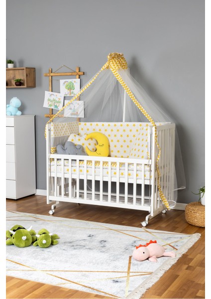 Ahşap Beşik Anne Yanı Beşik Beyaz 60X120 - Sarı Yıldız 3 Yastıklı Uyku Seti + Yataklı + Tekerlekli