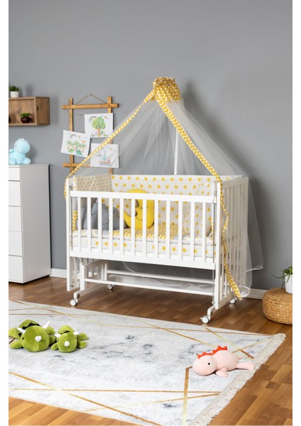 Ahşap Beşik Anne Yanı Beşik Beyaz 60X120 - Sarı Yıldız 3 Yastıklı Uyku Seti + Yataklı + Tekerlekli fiyatları