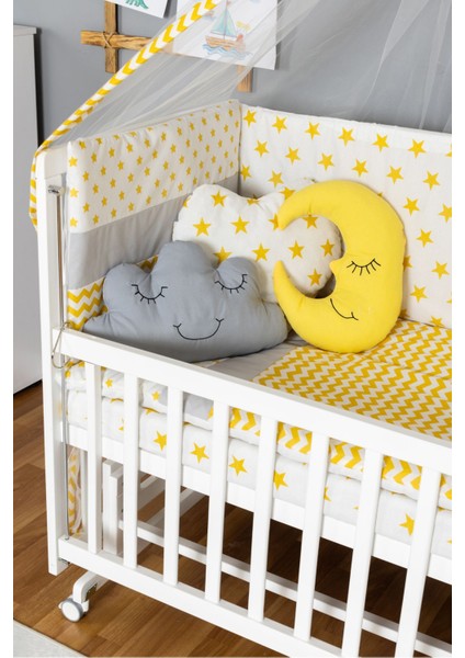 Ahşap Beşik Anne Yanı Beşik Beyaz 60X120 - Sarı Yıldız 3 Yastıklı Uyku Seti + Yataklı + Tekerlekli modelleri