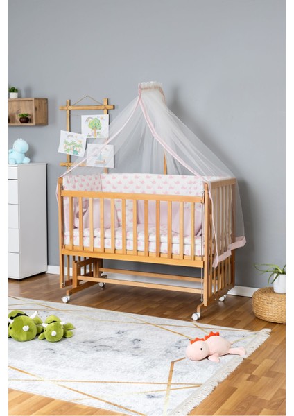 Ahşap Beşik Anne Yanı Beşik Vernikli 60X120 - Pembe Balina Uyku Seti + Yataklı + Tekerlekli fiyatları