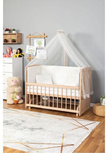 Ahşap Beşik Anne Yanı Beşik Organik (Boyasız) 60X120 - Krem Güpür Uyku Seti Yatak