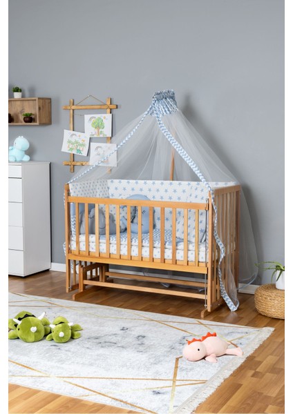 Ahşap Beşik Anne Yanı Beşik Vernikli 70X130 - Mavi Yıldız 3 Yastıklı Uyku Seti + Yataklı