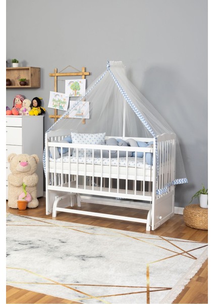 Ahşap Beşik Anne Yanı Beşik Beyaz 60X120 - Mavi Gri Örgü Uyku Seti Seti + Yatak fiyatları