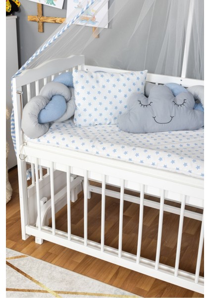 Ahşap Beşik Anne Yanı Beşik Beyaz 60X120 - Mavi Gri Örgü Uyku Seti Seti + Yatak modelleri