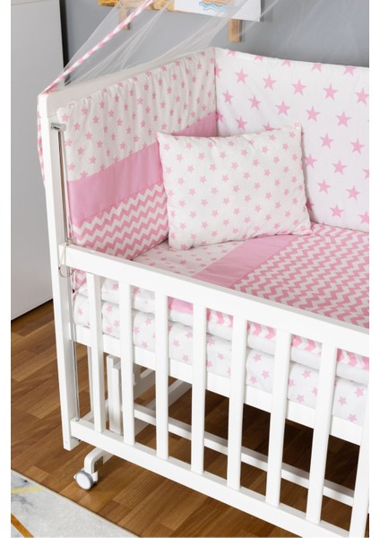 Ahşap Beşik Anne Yanı Beşik Beyaz 70X130 - Pembe Yıldız 1 Yastıklı Uyku Seti + Yataklı + Tekerlekli modelleri