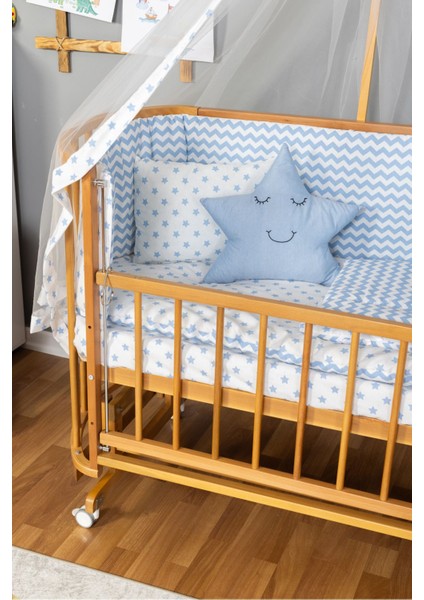 Ahşap Beşik Anne Yanı Beşik Doğal (Vernikli) 60X120 Mavi Yıldız Uyku Seti Yatak Tekerlekli modelleri