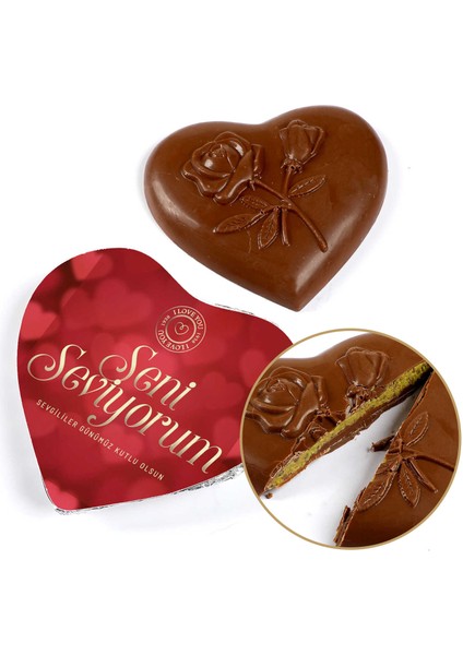 Sevgililer Günü Hediyesi Antep Fıstıklı Kadayıflı Dolgulu (Kalp Şeklinde) Dubai Çikolatası modelleri