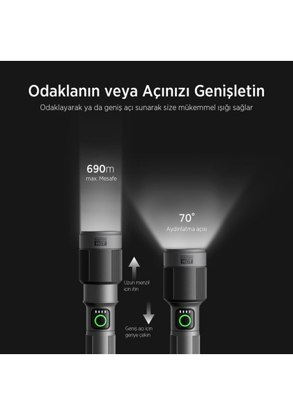 Flashlight BX2101FL 30W Led, Max. 1450 Lümen Parlaklık ve 690 Metreye Kadar Uzun Menzilli Şarj Edilebilir, LED Güç Göstergeli ve Çok Modlu Kompakt El Feneri
