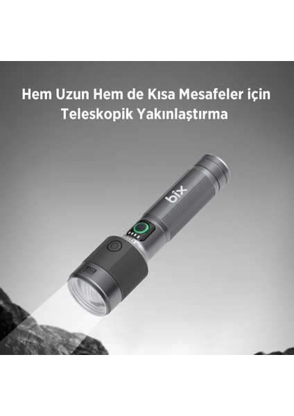 Flashlight BX2101FL 30W Led, Max. 1450 Lümen Parlaklık ve 690 Metreye Kadar Uzun Menzilli Şarj Edilebilir, LED Güç Göstergeli ve Çok Modlu Kompakt El Feneri
