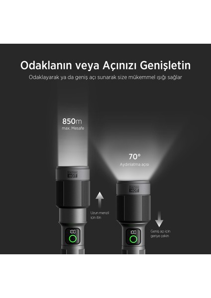 Flashlight BX5101FL 60W Led, Max. 2300 Lümen Parlaklık ve 850 Metreye Kadar Uzun Menzilli, Şarj Edilebilir, LED Güç Göstergeli ve Çok Modlu Kompakt El Feneri