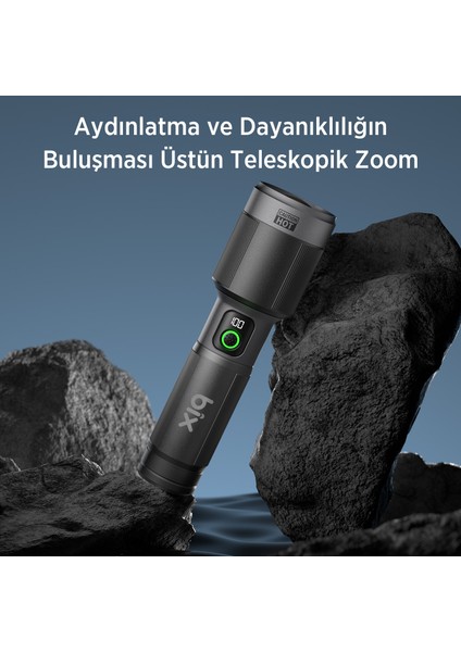 Flashlight BX5101FL 60W Led, Max. 2300 Lümen Parlaklık ve 850 Metreye Kadar Uzun Menzilli, Şarj Edilebilir, LED Güç Göstergeli ve Çok Modlu Kompakt El Feneri