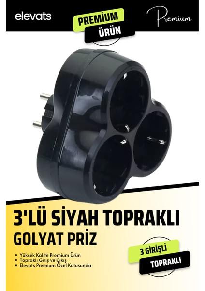 Premium Siyah 3'lü Topraklı Golyat Priz Model No:2