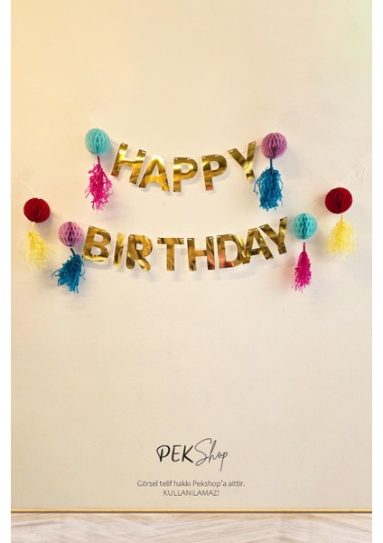 Petekli Püsküllü Gold Happy Birthday Banner Süs Seti Doğum Günü Duvar Süsü