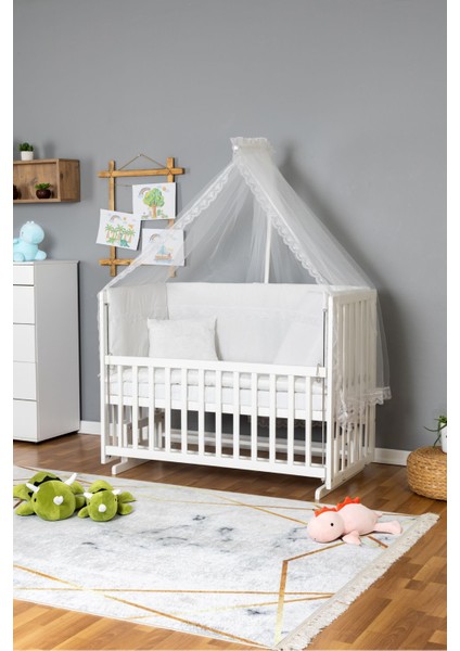 Ahşap Beşik Anne Yanı Beşik Beyaz 70X130 - Beyaz Güpür Uyku Seti + Yataklı