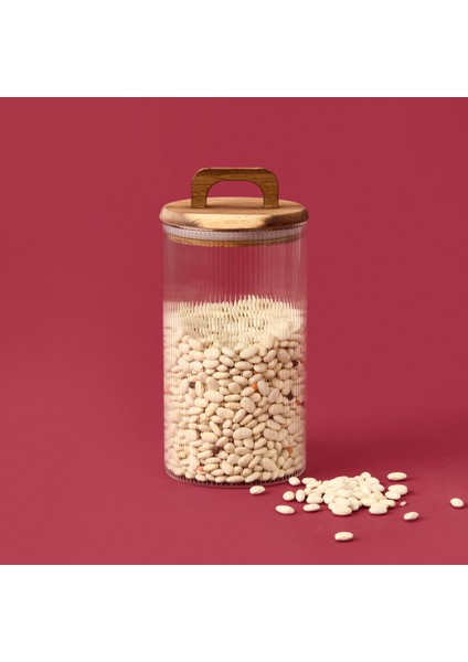 Akasya Kapaklı Cam Erzak Kabı - Kahverengi / Şeffaf - 1200 ml