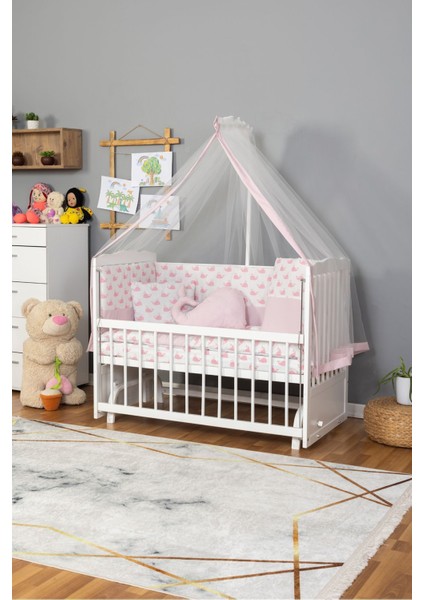 Ahşap Beşik Anne Yanı Beşik Beyaz) 60X120 - Pembe Balina Uyku Seti Yatak