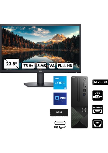 Vostro 3030 I5-12400 16 GB 512 GB SSD UHD Graphics Windows 11 Pro + 24" Fhd 5ms Monitör N6004VDT3030MTU_SE2425H BT48