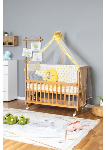 Ahşap Beşik Anne Yanı Beşik Vernikli 70X130 - Sarı Yıldız 3 Yastıklı Uyku Seti + Yataklı+Tekerlekli