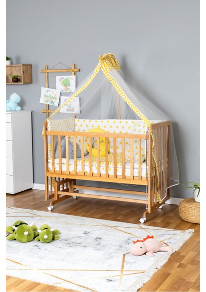 Ahşap Beşik Anne Yanı Beşik Vernikli 70X130 - Sarı Yıldız 3 Yastıklı Uyku Seti + Yataklı+Tekerlekli fiyatları