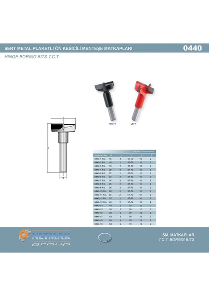 Elmas Uçlu Tas Menteşe Matkabı Sol Dönüş 0440-12L 70 mm - 10 mm