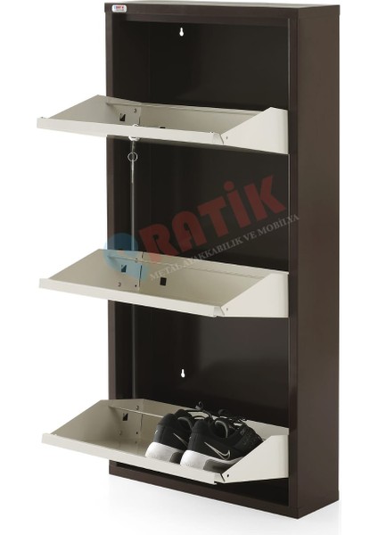 3'lü Kilitli Pratik Metal Ayakkabılık (Kahve - Krem)